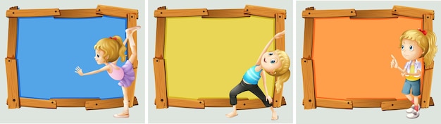 Free vector wooden frame design with girls and yoga