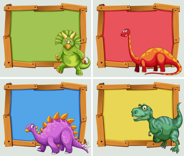 Wooden frame and many dinosaurs illustration