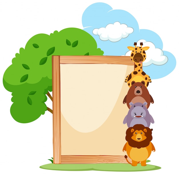 Free vector wooden frame with cute animals on the side