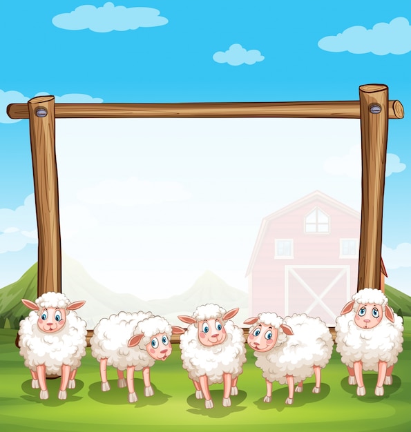 Free vector wooden frame with sheeps in the farm