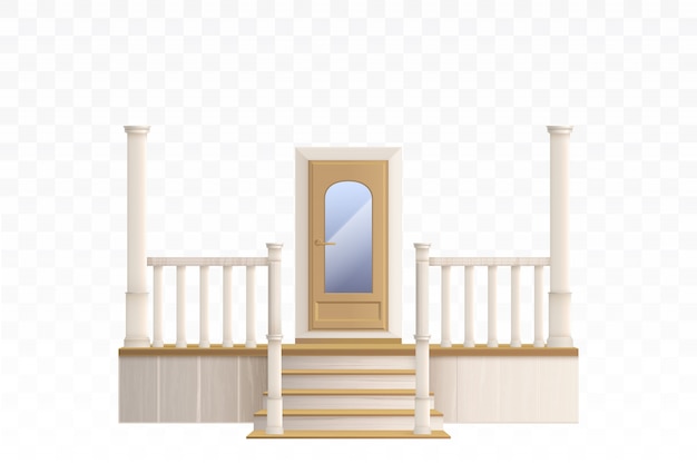 Free vector wooden front door with glass window and porch staircase illustration