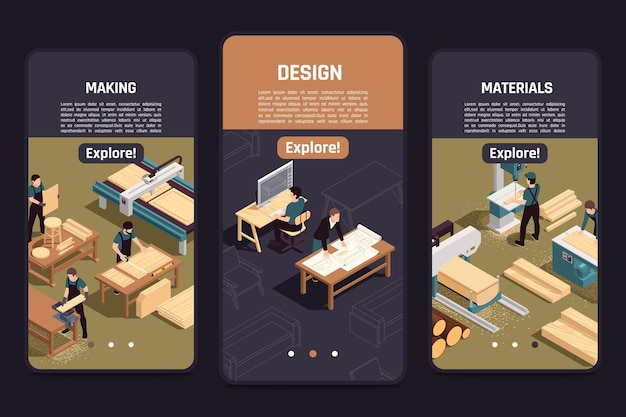 Informazioni sulla produzione di mobili in legno 3 schermi isometrici per smartphone con disegni di design selezione del legno processo di produzione illustrazione vettoriale