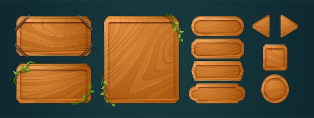 Wooden game buttons cartoon menu interface set
