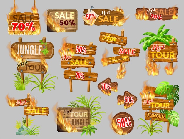 Free vector wooden game panels with flame burn