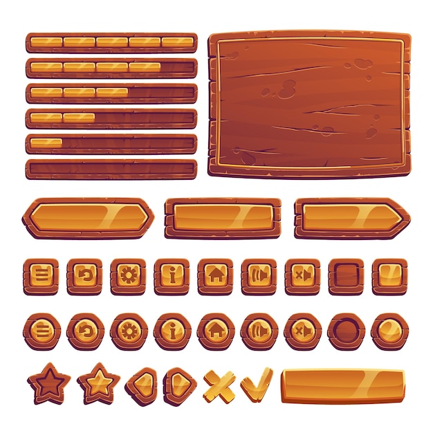 Деревянные и золотые кнопки для пользовательского интерфейса игры