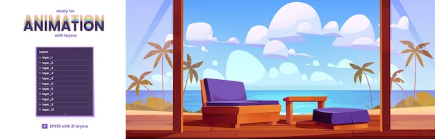Wooden home terrace with tropical sea 2d animation