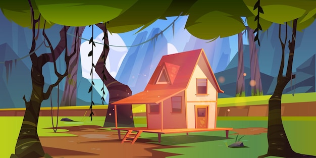 Free vector wooden house in jungle with mountains