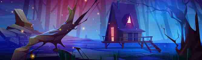 Free vector wooden house on stilts in forest at night