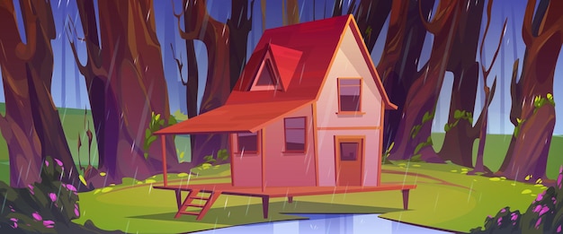 Free vector wooden house at summer forest in rainy weather