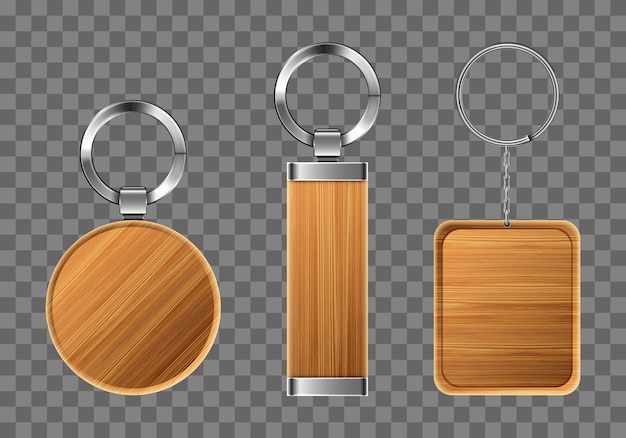 Free vector wooden keychains, keyring holders with metal rings