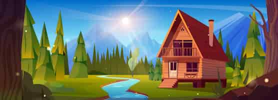 Free vector wooden log house near mountain river vector cartoon illustration of nice cottage with porch windows and chimney on roof evergreen fir tree forest around sun shining bright in cloudless blue sky