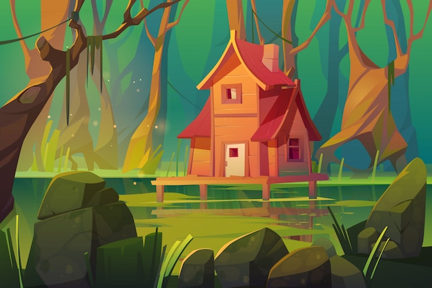 Free vector wooden mystic stilt house above swamp in forest