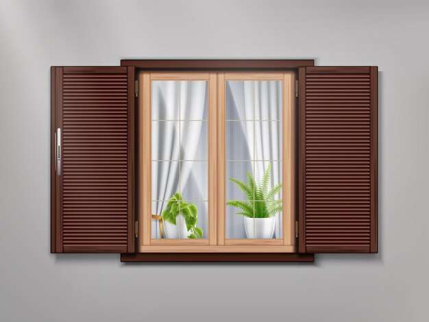 Wooden old window with beautiful curtains and potted plants