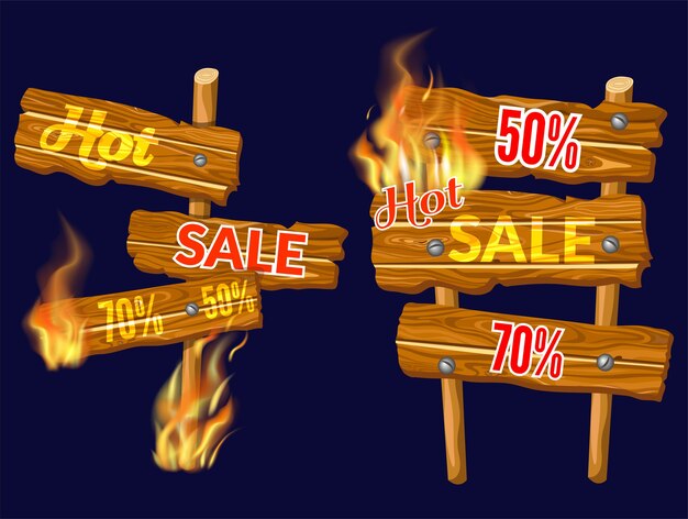 Free vector wooden panels of sale with flame burn.