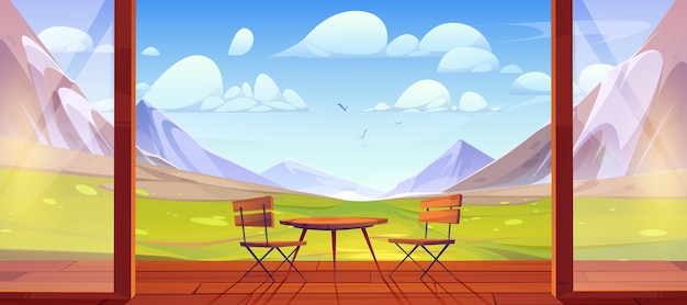 Free vector wooden patio with alpine mountain view