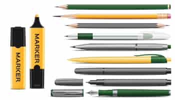 Free vector wooden pencils markers ball gel and ink pens realistic set isolated vector illustration