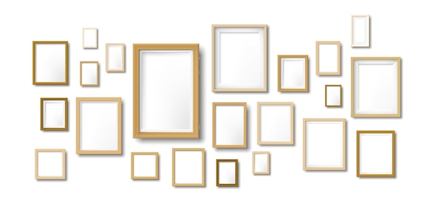 Wooden photo frames composition. light wood picture frame, hanging moodboard photos grid and art wall illustration template.