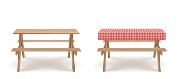 Wooden picnic table with benches tablecloth vector