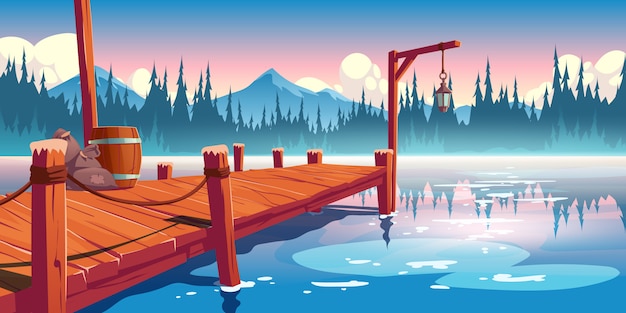 湖、池や川の風景、ロープのある埠頭、ランタン、バレル、雲、トウヒ、山の反射の美しい背景に袋に木製の桟橋。漫画イラスト
