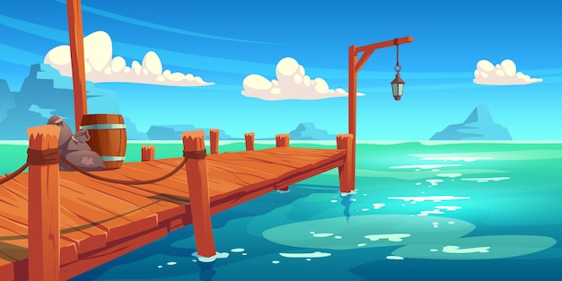 Free vector wooden pier on river, lake or sea landscape, wharf