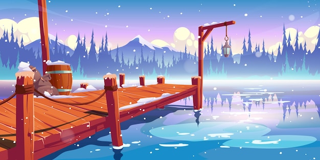 Free vector wooden pier on winter lake