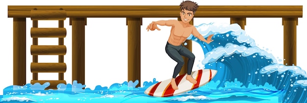 Free vector wooden pier with a man on surfboard