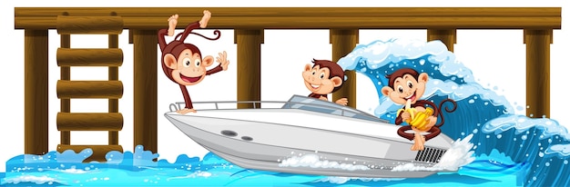 Free vector wooden pier with many monkeys on speedboat