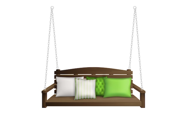 Wooden porch swing bench on ropes with pillows