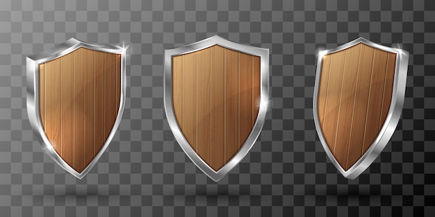 Free vector wooden shield with metal frame realistic trophy