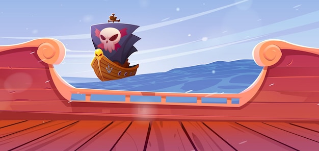 Free vector wooden ship deck with view to pirate boat in sea