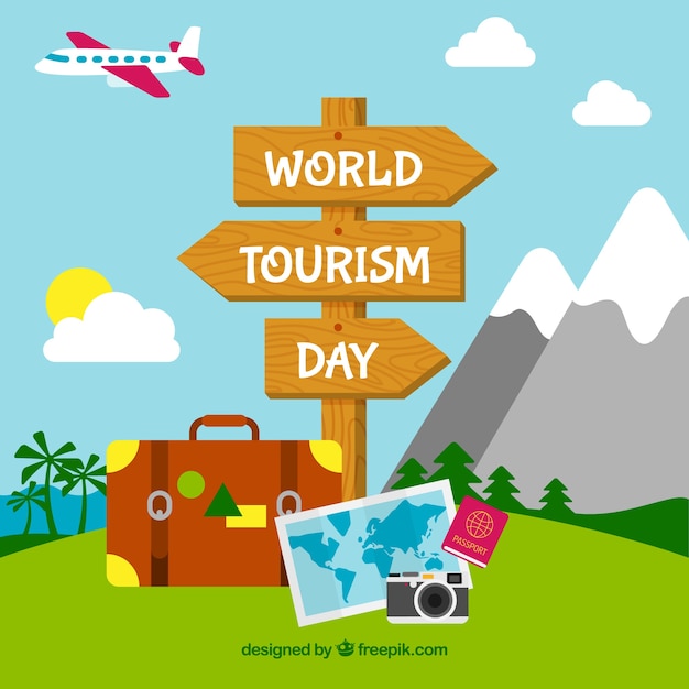 Free vector wooden sign in a beautiful landscape for the world tourism day