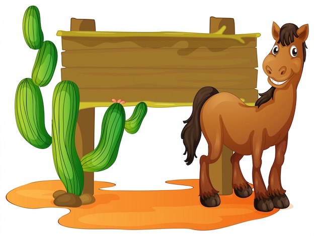 Free vector wooden sign and wild horse in desert