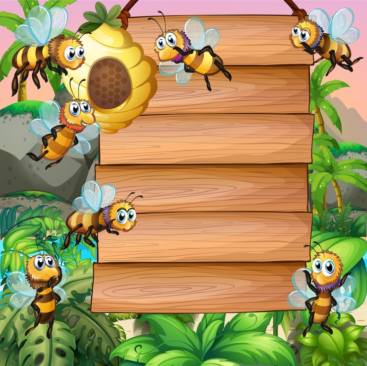 Free Vector wooden sign with bee flying in garden