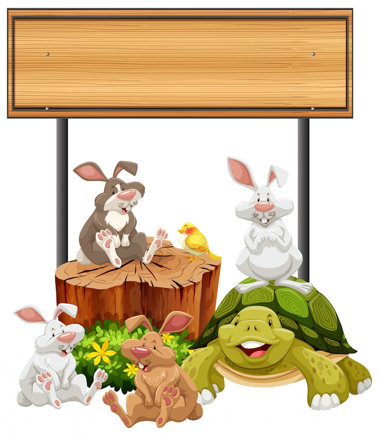 Free Vector wooden sign with rabbits and turtle