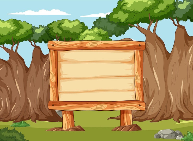 Free Vector wooden signboard in a forest clearing