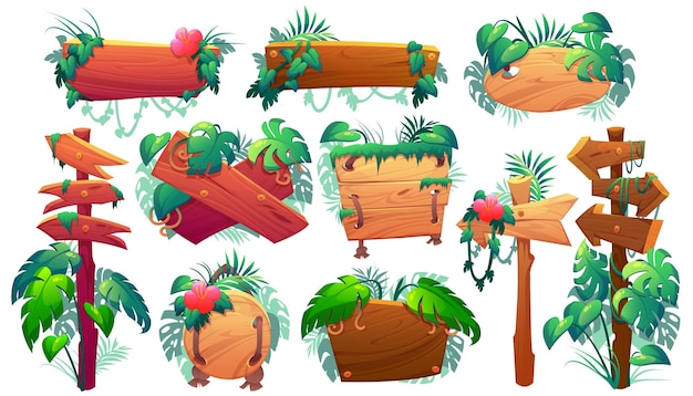 Free vector wooden signboards, planks and pointers in jungle