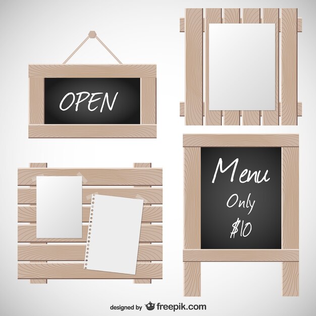 Wooden signs and blackboard