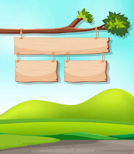 Free vector wooden signs on branch with nature background