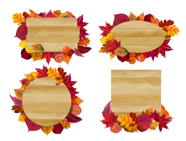 Wooden signs with autumn leaves. yellow fall leaf, seasonal wood banner  illustration set