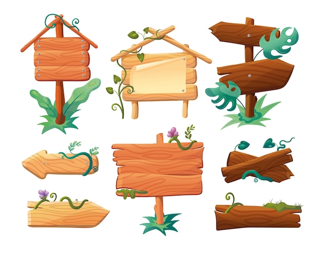Free vector wooden signs with flowers and lianas cartoon illustration set. arrow and rectangle signboards or poles for information in forest or jungle with green leaves, tropical plants. direction, nature concept