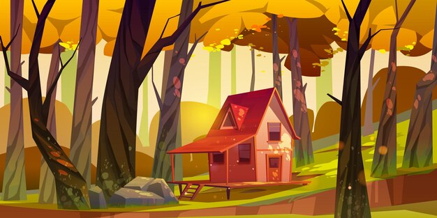 Wooden stilt house in autumn forest. Old shack with terrace on piles in deep wood with falling sun beams among fall trees.