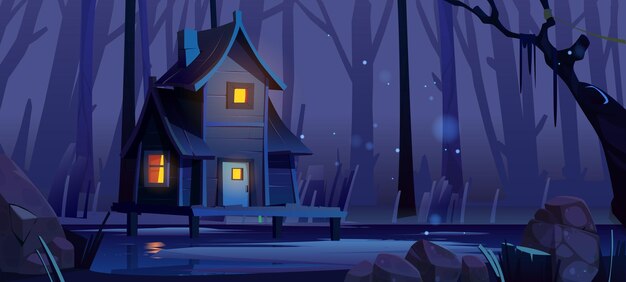 ghost house cartoon Free vector wooden stilt house in deep forest at night