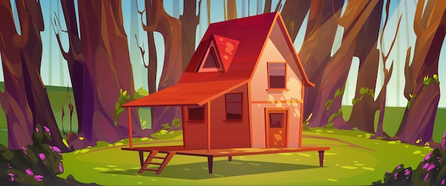 Free vector wooden stilt house on green forest glade landscape