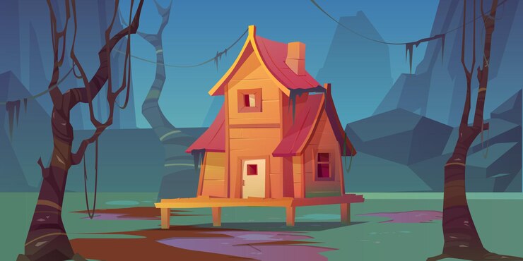 Free Vector wooden stilt house in summer forest. vector