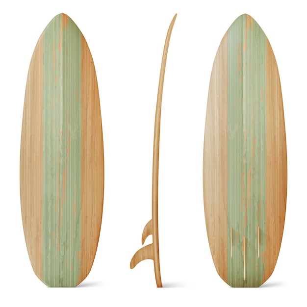 Бесплатное векторное изображение Деревянная доска для серфинга спереди, сбоку и сзади. реалистичная деревянная доска для летнего пляжного отдыха, серфинга на морских волнах. спортивное оборудование для отдыха, изолированные на белом фоне