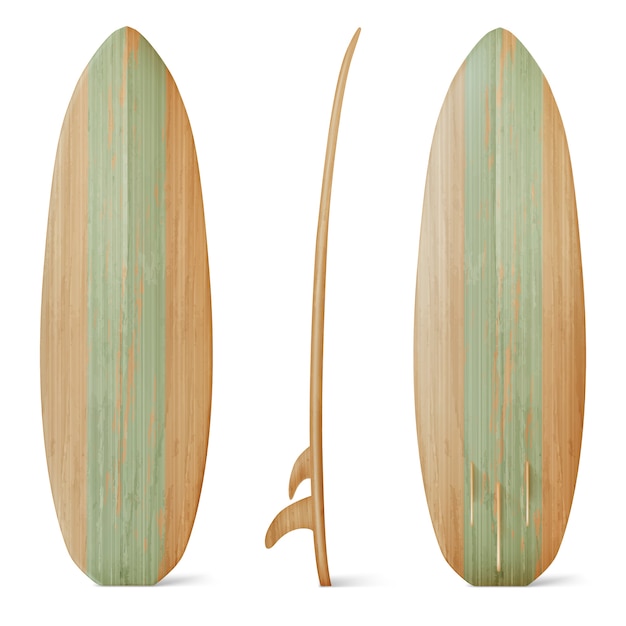 Wooden surfboard front, side and back view. realistic of wood board for summer beach activity, surfing on sea waves. Leisure sport equipment isolated on white background