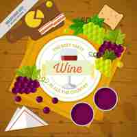 Free vector wooden table background with wine and grapes