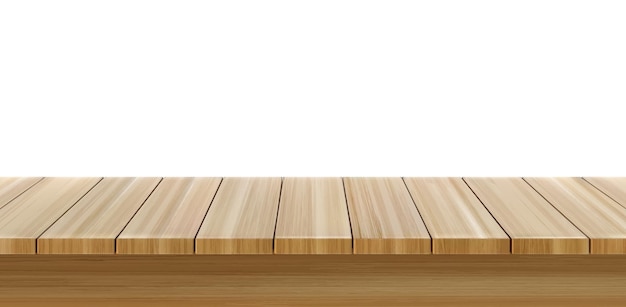木製のテーブルの前景、木製のテーブルトップの正面図、薄茶色の素朴なカウンタートップの表面。