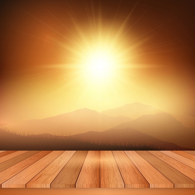 Free Vector wooden table looking out to a view of a sunny landscape