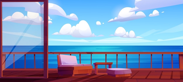 Free vector wooden terrace with sea or ocean view background